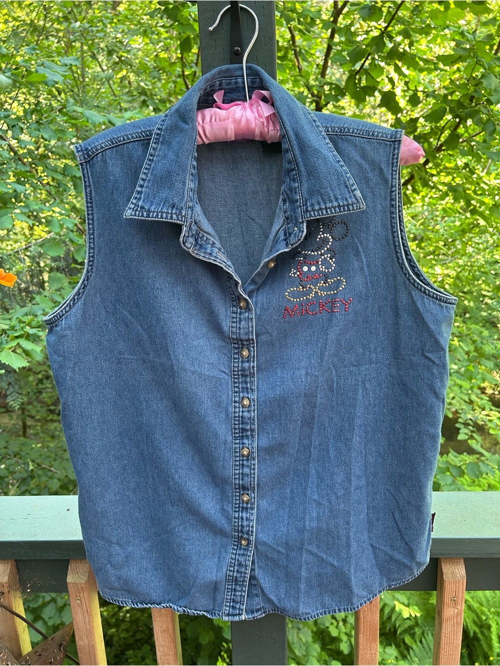 Disney Blue Denim Jacket with Pink Lining and Colorful Mickey Label